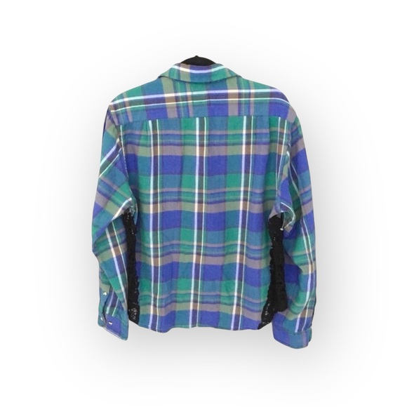 new LF Furst of a Kind  Lace Inset Flannel Shirt  Jacket Shacket  Green Plaid - Picture 14 of 16